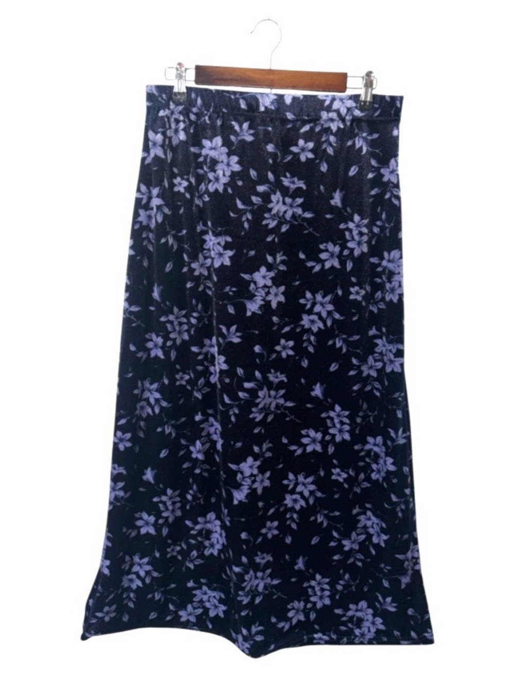 Vintage Kathie Lee Navy Blue Purple Velvet Maxi Skirt Floral Print Whimsy Fairie